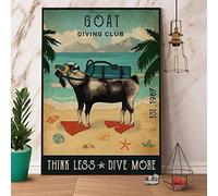 Metal Decorations for Yard Goat Diving Club Think Less Dive More Retro Tin Signs Vintage Funny Signs Unique Home Decorations Cute Wall Decor Metal Poster for Bedroom Office Kitchen 8x12 Inch