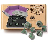 Metal Dice Set D&D - 7 Polyhedral Dice with Gift Box - Hexagon Purple DnD Rolling Tray for RPG Tabletop Games - DnD Folding Tray