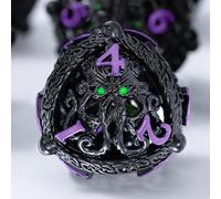 Metal Dice Set for DND - Unique Round Hollow Orb Design for Better Rolling - Cool Cthulhu Dice for D&D Role Playing Games (RPG) - Stunning Set for Dungeons and Dragons (Black Purple Green Eyes)