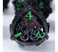 Metal Dice Set for DND - Unique Round Hollow Orb Design for Better Rolling - Cool Cthulhu Dice for D&D Role Playing Games (RPG) - Stunning Set for Dungeons and Dragons (Black Green)