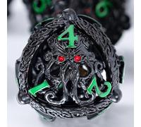Metal Dice Set for DND - Unique Round Hollow Orb Design for Better Rolling - Cool Cthulhu Dice for D&D Role Playing Games (RPG) - Stunning Set for Dungeons and Dragons (Black Green Red Eyes)