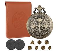 Metal DND Dice Set, Bronze Octopus with Wings Pocket Watch Shell Case, 7pcs Polyhedral Mini Dice Set, D&D Starter Set, DND Gifts with Dice Bag, Role Playing Board Game Accessories, Octopus Gifts