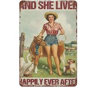 Metal Dog and She Lived Happily Ever After Farmer Girl and and Cow Country Girl Metal Sign Decor Tin Aluminum Sign Wall Art Retro Metal Poster for Yard Home Garden Kitchen 12x8inch