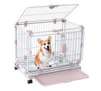 Metal dog cage, Iron Frame Stackable in 2 or 3 Tiers Double Doors Escape-Proof with Spinner Wheels and Tray(Rose,62 cm L x 43 cm W x 56 cm H)