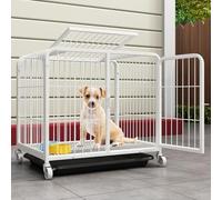 Metal Dog Crate, Heavy Duty Dog Cage With Removable Tray,Wheeled Dog Crate Furnitur For Small Medium Large Dogs Top Can Be Opened(White,61x45x58cm)