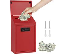 Metal Donation Box Collection Box,14.5x8x25.5cm Key Drop Box with Combination Lock,Safe Suggestion Box Charity Collection Donation Box, Wall Mounted Money Boxes for Home Office Outdoor Door (Red)