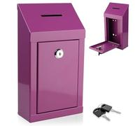 Metal Charity Collection Box - Secure Steel Office Suggestion Box with Top Slot, Lock & Keys - Wall Mount with Pre-Drilled Holes - 10x6x2.5" Key Drop Box (Purple)