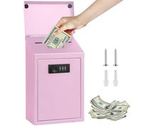 Metal Donation Box with Combination Lock and Lid, 14.5*8*25.5CM Mounted Collection Box Suggestion Box Mailbox Cash Drop Box Secure Ticket Storage Container Tips Jar for Home Business (Light Red, B)