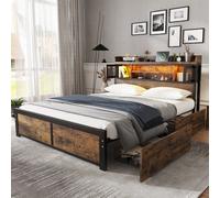 Metal Double Bed with 2 Underbed Drawers, LED Light Strip, USB Charging Ports, Storage Bed with Iron Frame, Headboard Cabinets, Black Aosom UK