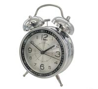 Metal Double Bell Mechanical Alarm Clock for Heavy Sleepers, Non-Ticking Night Light Bedside Clock, 6.5 x 4.5 in, Battery Powered (2xAA)(Silver)