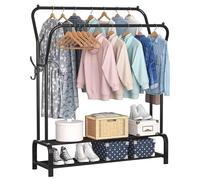Metal Double Clothes Rail Clothing Rack, Free Standing Garment Rack Coat Stand Double Hanging Rail, w/ 4 Side Hooks and 2-Tier Lower Storage Shelf for Bedroom Black