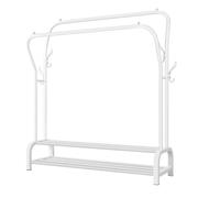 Metal Double Rail Garment Rack, Heavy Duty Clothes Rail Hanger with 2 Tier Storage Shelf and 4 Side Hooks, Freestanding Clothes Rack Multipurpose Organiser Shelf Bedroom Clothes hanger (White)