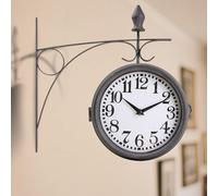 Metal Double Sided Hanging Clock with Retro Grey Sturdy Frame,Glass Lens,Silent Quartz Movement, Indoor/Outdoor Double-Sided Decorative Wall Clock for Home Décor Farmhouse Station Office Garden