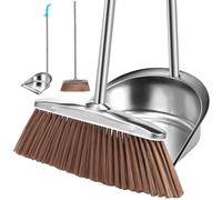Metal Dustpan and Brush Sets Long Handle Broom and Dustpan Set Stainless Steel Upright Sweeper and Dustpan Set for Indoor Outdoor Home Office Dorm Pet Hair(round,A)