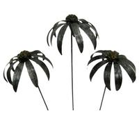 Metal Echinacea Daisy Flower Ornament On 100Cm Stick - Set Of 3 Silver