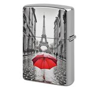Metal Eiffel Tower Paris Red Umbrella Lighter Case Windproof Flip Top Lighter Sleeve Double Sided Vintage Cool Cigarette Pouch Holder Reusable Pocket Protective Cover Men Gifts for Boyfriend Husband