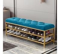 Metal Entrance Shoe Rack,Large Capacity Luxury Upholstered Shoe Storage Bench with Velvet Seat,Modern Shoe Bench for Hallway Accent Furniture-Blue 100x35x46cm(39x14x18inch)