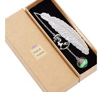 Metal Feather Bookmark with 3D Hummingbirdand and Glass Beads Pendant, Handmade Vintage Bookmark with Gift Box, Book Marker Gifts for Women, Kids, Readers, Teachers, Silver Feather Green Ball