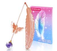 Metal Feather Bookmark with Gift Box for Best Friend, Book Mark with 3D Butterflies & Glass Ball Charm，Bookmark Gift for Women, Readers, Teacher, Kids,Rose Gold