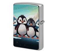Metal Five Cute Penguins Lighter Case Windproof Flip Top Lighter Sleeve Double Sided Vintage Cool Cigarette Pouch Holder Reusable Pocket Protective Cover Men Gifts for Boyfriend Husband