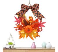 Metal Floral Hoop Wreath, Autumn Front Door Wreath with Pumpkin, Gold Hoop Farmhouse Rustic Seasonal Hanger Decoration, Halloween Wreath Decoration for Porch, Window, Entryway, Wall, Autumn Maple