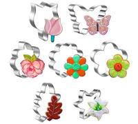 Metal Flower Cookie Cutter, Flower and Leaf Cookie Cutter Set Fondant Biscui Cutters Tulip Lily Rose Cherry Blossom Six-Petal Morpho Butterfly Leaves 7 Piece Set for Baking