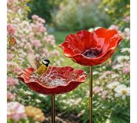 Metal Flower Garden Stakes Bird Bath Handmade, Bee Watering Station, Bees Bath for Garden Bee Water Feeder Flower Design, Colorful Butterfly Bees Bath Bowl for Outdoor Yard Decor (2PCS)
