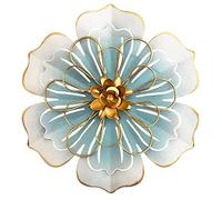 Metal Flower Wall Art Decor, 9.5”Rustic Modern Floral Sculpture, Distressed Iron Wall Hanging Home Decoration Accent Artworks for Indoor Kitchen Bedroom Living Office Outdoor Garden Patio-06 Blue Gold