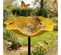 Metal Flowers For Garden Stakes, Handmade Metal Flower Garden On Stake With Bird Bath & Pollinator Water Station, Bee Bath For Bee Water Feeder For Outdoor Yard Decor (2, Yellow)