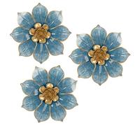 Metal Flowers Wall Decor Blue and Gold Wall Art Hanging Decorations 3 Pc Rustic Modern Floral Sculpture Wall Accent Artwork Indoor Outdoor for Bathroom Bedroom Living Room Garden Patio Porch 10 Inch