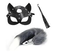 Metal Fox Tail Anal Plug Kit with Plush Tail, Cat Fox Mask and Faux Leather Mini Whip - Adjustable Cosplay Role Play Accessories for Adults, Fun Costume Set for Couples
