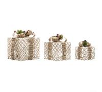 Metal Frame Christmas Present Boxes 3 Sizes LED Glow(Curry White) | 3 sizes 26/21/16cm, plush white finish, silver bow detail, warm white LEDs, indoor outdoor use