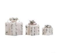 Metal Frame Christmas Present Boxes 3 Sizes LED Glow(glow) | 3 sizes 26/21/16cm, plush white finish, silver bow detail, warm white LEDs, indoor outdoor use
