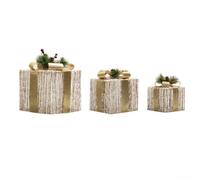 Metal Frame Christmas Present Boxes 3 Sizes LED Glow(gold) | 3 sizes 26/21/16cm, plush white finish, silver bow detail, warm white LEDs, indoor outdoor use
