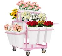 Metal Garden Cart with 18 Buckets, Rolling Flower Display Rack on Wheels for Patio, Outdoor Plant Stand, Slide Out Design for Florists and Garden Use