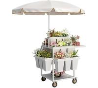 Metal Garden Cart with Slide Out Rolling Design, Includes 18 Buckets and Parasols, Ideal for Florists, Patio Gardens, Weddings, and Market Displays