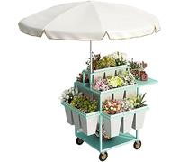 Metal Garden Cart with Slide Out Rolling Design, Includes 18 Buckets and Parasols, Ideal for Florists, Patio Gardens, Weddings, and Market Displays