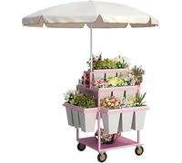 Metal Garden Cart with Slide Out Rolling Design, Includes 18 Buckets and Parasols, Ideal for Florists, Patio Gardens, Weddings, and Market Displays