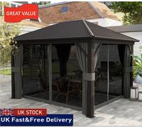 Metal Garden Hardtop Gazebo with Screened Curtain Dark Grey 3.6 x 3 m