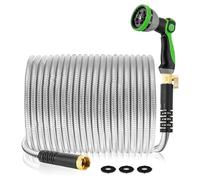 Metal Garden Hose 150Ft Stainless Steel Water Hose Heavy Duty with 10 Way Nozzle-Flexible Lightweight Durable No Kink & Tangle，Strong 3/4’’ Solid Metal Fitting Shut-Off Valve for Outdoor Yard