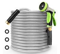 Metal Garden Hose 25FT Stainless Steel Heavy Duty Flexible Lightweight Water Hoses Pipe with 10-Function Spray Nozzle and 3/4" Solid Brass Fittings No Kink Durable for Outdoor Yard & Lawn