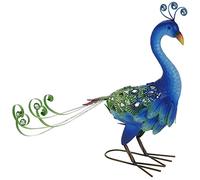 Metal Garden Ornament Tall Outdoor Free Standing Decorative Statue (Small Blue Peacock)
