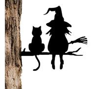 Metal Garden Stake - Witch And Cat Silhoueťte Decoration | Cute Outdoor Yard Lawn Ornament | Weather Resistant Tree Stump Plug | Halloween Courtyard Patio Decorative Sign For Garden Lovers, 25cm