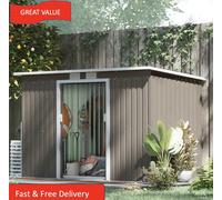 Outsunny 9 X 4Ft Metal Garden Storage Shed W/ 2 Door, Light Grey Wood Grain, Grey
