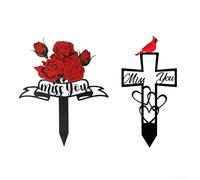 Metal Garden Tag Two Piece Set, Reusable, Adorned With Cross Rose Pattern, For Outdoor Commemorative Decoration