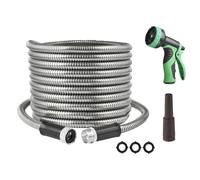 Metal Garden Water Hose Stainless Steel Heavy Duty Flexible Water Pipe with 10 Pattern Spray Nozzle Car Washing Pipe Outdoor Yard Hose (100FT)