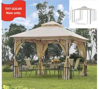 Outsunny 3x3m Metal Gazebo with Mesh Walls- Beige, Cream