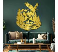 Metal Gold Eagle & Forest Wall Art, Metal Wildlife Nature Sculpture Art Wall Decor, Eagle & Forest Artwork Decoration Modern Sculpture for Living Room,Bedroom Hallway and Stairs Decor (Gold