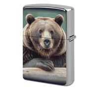 Metal Grizzly Bear Lighter Case Windproof Flip Top Lighter Sleeve Double Sided Vintage Cool Cigarette Pouch Holder Reusable Pocket Protective Cover Men Gifts for Boyfriend Husband