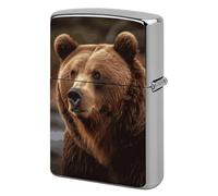 Metal Grizzly Bear Lighter Case Windproof Flip Top Lighter Sleeve Double Sided Vintage Cool Cigarette Pouch Holder Reusable Pocket Protective Cover Men Gifts for Boyfriend Husband